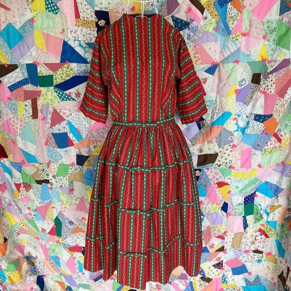 vintage 50s dress red green Lanz OriginalsXS-S 1950s holiday christmas bow